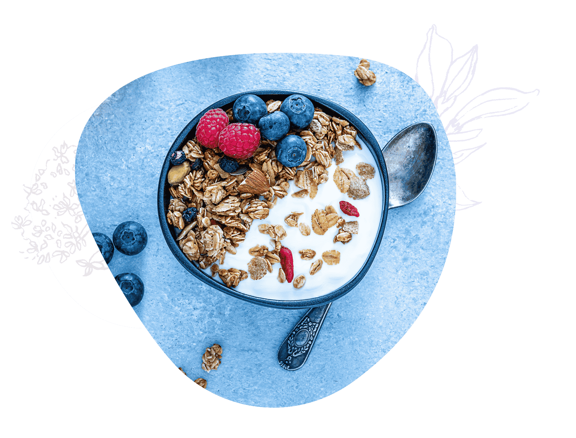Frühstücksschale mit Müsli, Beeren und Milch Frühstücksschale mit Müsli, Beeren und Milch