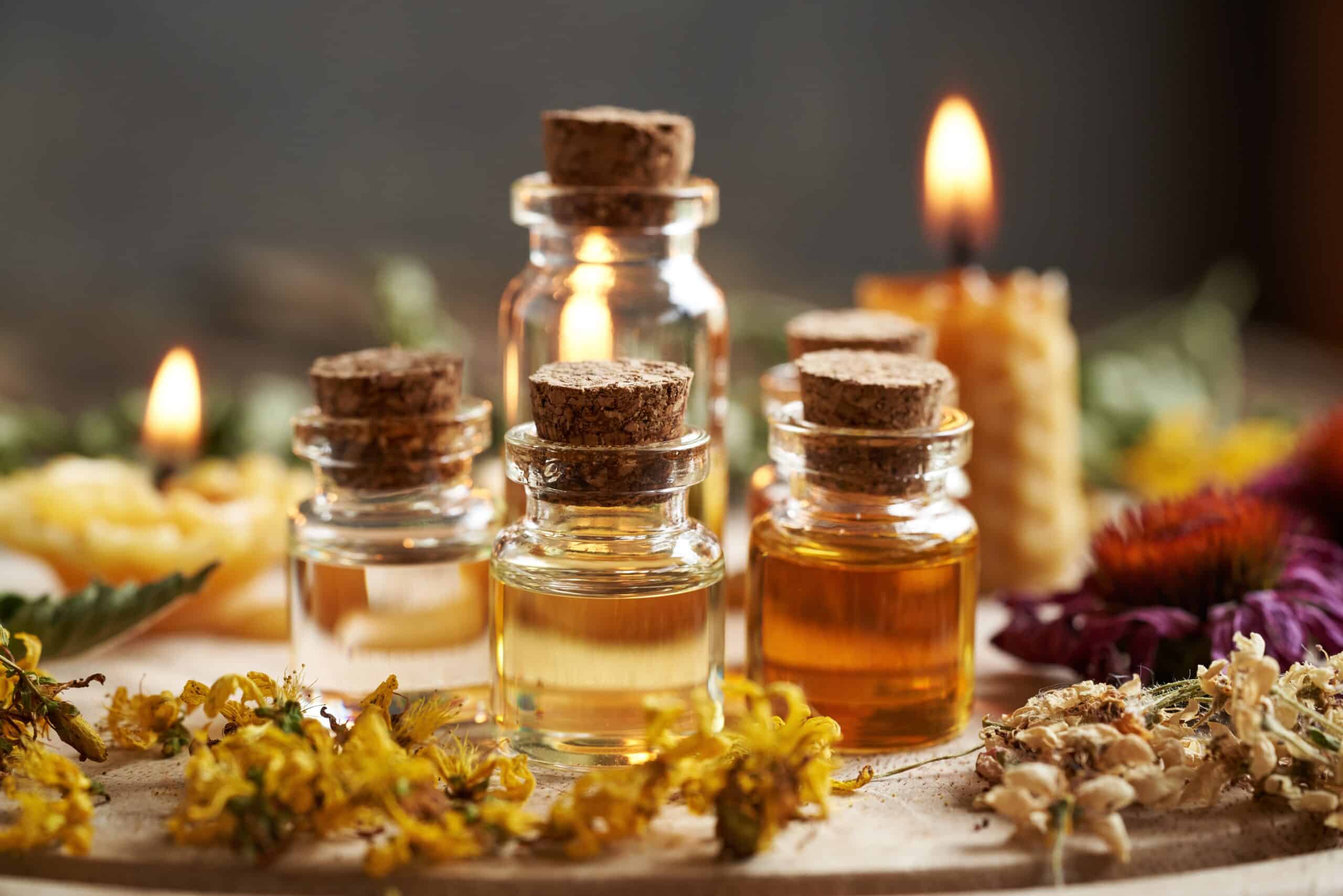 Bottles,Of,Aromatherapy,Essential,Oils,With,St.,John's,Wort,,Echinacea