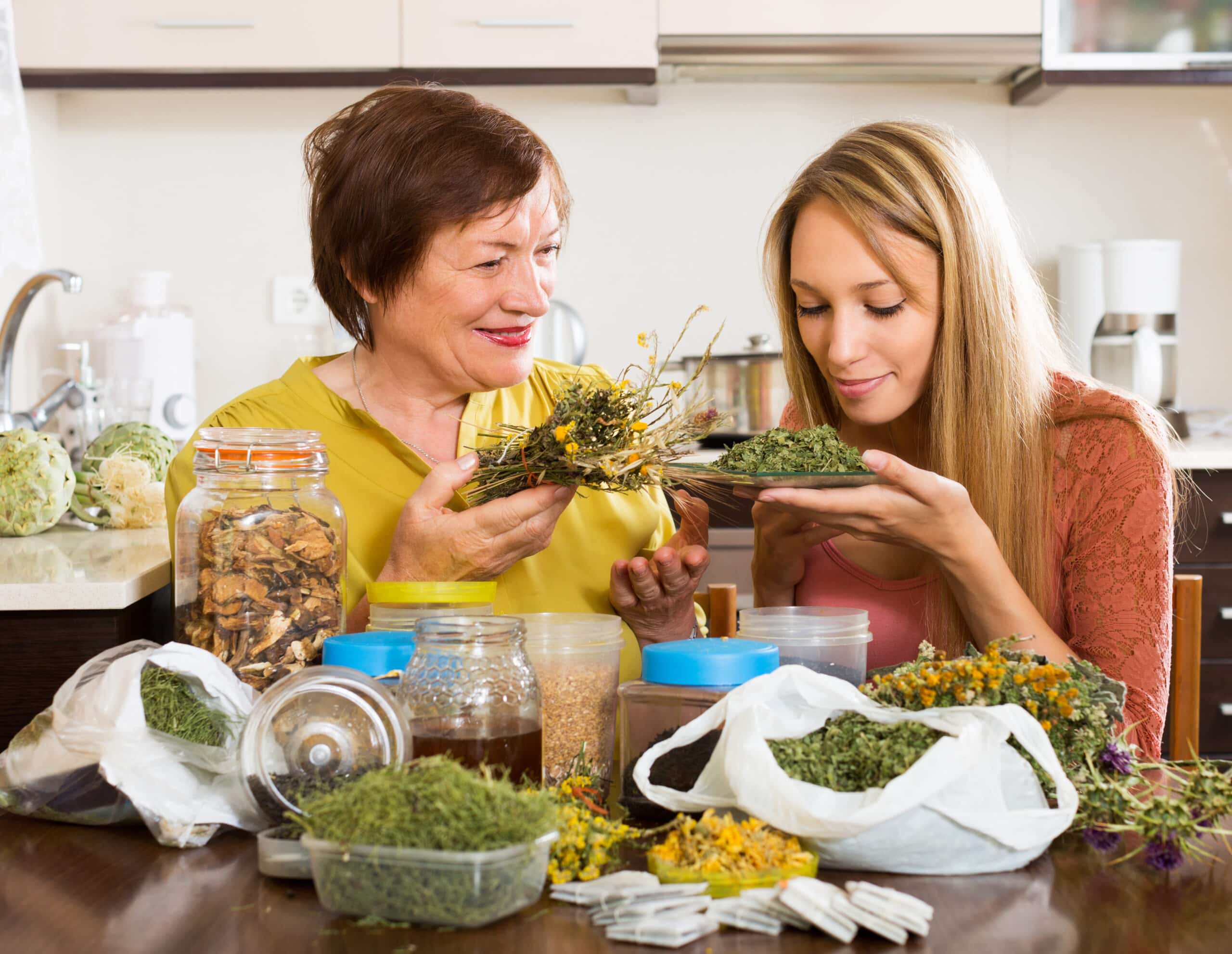 Happy,Womans,With,Medicinal,Herbs,Brewing,Herbal,Tea